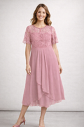 Rosalie – Lace Chiffon Midi Dress | Elegant Short-Sleeve Dress for Special Occasions